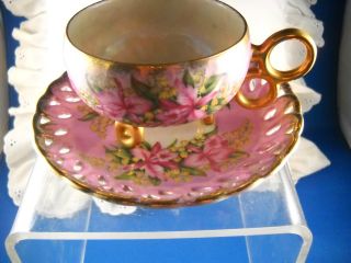 Vtg Royal Halsey China Cup Saucer Pink Flowers Much Gold 3 Footed Double Handle photo