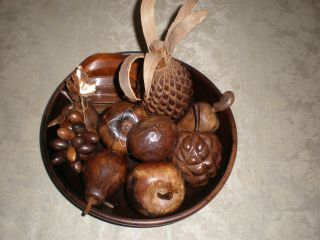 Walnut Bowl With Carved Fruit - Mid - Century Antique - Perfect Condition photo