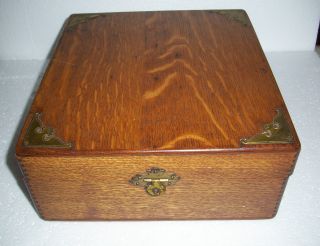 Antique/vintage Oak Wooden Box W/brass Accents For Documents,  Etc photo
