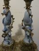 Antique Set Of 2 Candle Holder White And Blue Porcelain Bird With Brass Candle Holders photo 8