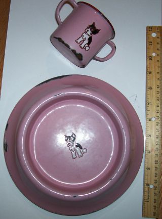 Baby Child Pink Enamel Ware Red Trim Bowl Dish Cup Germany Dog Design Rare Retro photo
