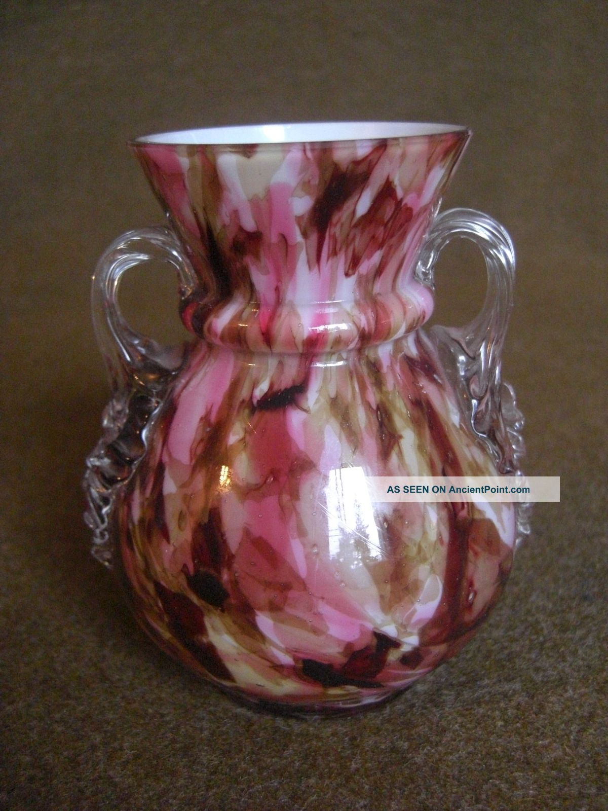 Antique Prussian Confetti Cased Glass Vase Hand Applique Handles Vases photo