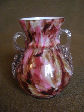 Antique Prussian Confetti Cased Glass Vase Hand Applique Handles photo