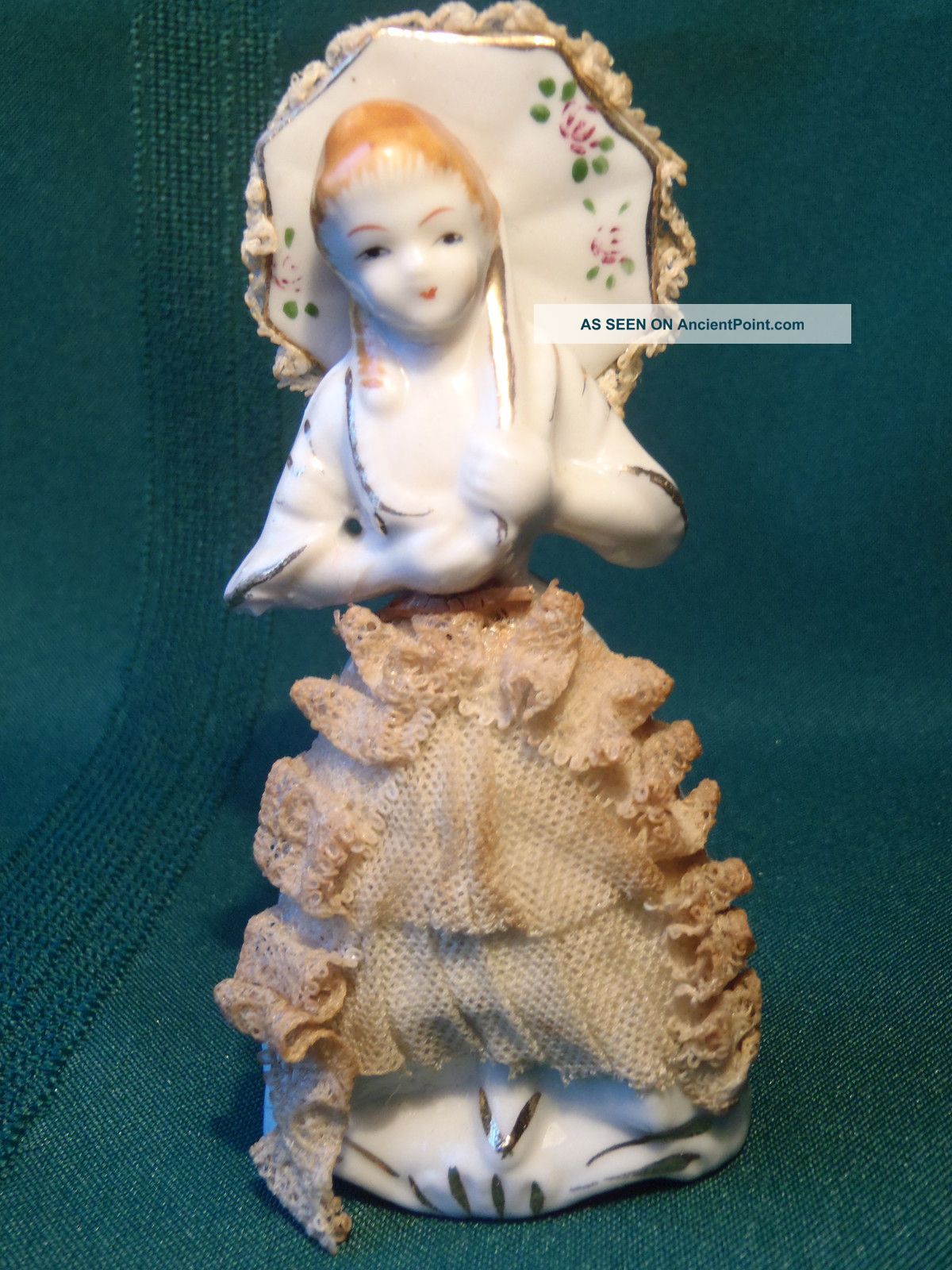 Antique Porcelain Victorian Lady Figurine Lace Draped Dress & Parasol Numbered Figurines photo