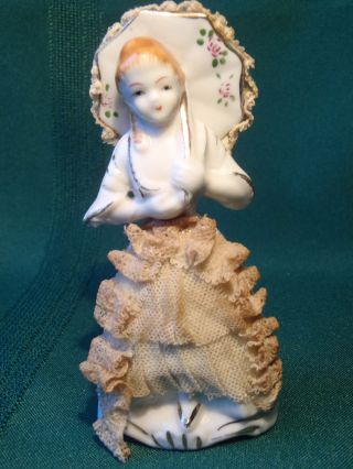 Antique Porcelain Victorian Lady Figurine Lace Draped Dress & Parasol Numbered photo