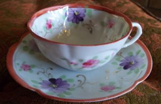 Vintage Hand Painted Floral Scalloped Tea Cup & Saucer Set photo