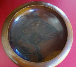 Haiti Wooden Antique Bowl.  Engraved Fish And Flowers photo