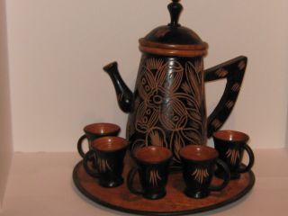 Decorative Handcarved Woodenware Pitcher - 5 Cups - Tray Home Accent Carved Flowers photo