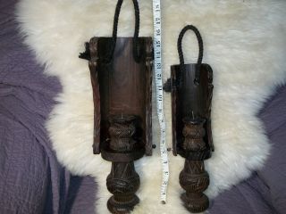 Vintage Hanging Hand Carved Wooden Candle Holders From Spain photo