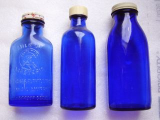 3 Antique Cobalt Blue Glass Phillips Milk Of Magnesia Bottles,  1 Is Embossed photo