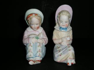 Pair Dutch Boy Girl Heubach German Bisque Piano Babies Figurines Vintage Antique photo
