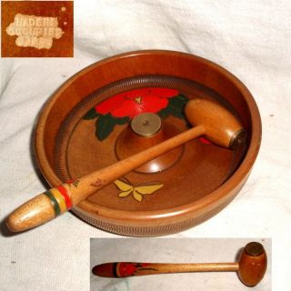 Rare Hp 60yr Occupied Japan Wood Nut Bowl & Mallet Cracker Wflower+butterfly Vgc photo