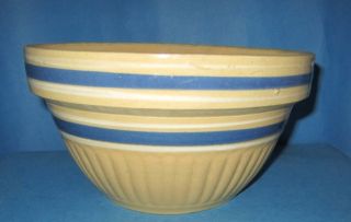 Vintage Antique Lg Yellow Pottery Mixing Bowl Blue White Bands Stripe Early photo