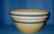 Vintage Antique Lg Yellow Pottery Mixing Bowl Blue White Bands Stripe Early Bowls photo 1