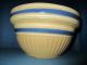 Vintage Antique Lg Yellow Pottery Mixing Bowl Blue White Bands Stripe Early Bowls photo 2