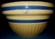 Vintage Antique Lg Yellow Pottery Mixing Bowl Blue White Bands Stripe Early Bowls photo 3