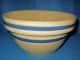 Vintage Antique Lg Yellow Pottery Mixing Bowl Blue White Bands Stripe Early Bowls photo 5