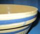Vintage Antique Lg Yellow Pottery Mixing Bowl Blue White Bands Stripe Early Bowls photo 6