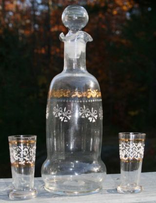 Antique Decanter Free Blown Open Pontil 2 Cordial Glasses 1800 ' S Hand Decorated photo