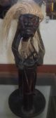 African Tribal Art Hand Carved Wood Medicine Man Statue Beating Drum Long Hair Carved Figures photo 3