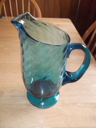 Vintage Blue Swirl Hand Blown Pitcher With Applied Handle photo