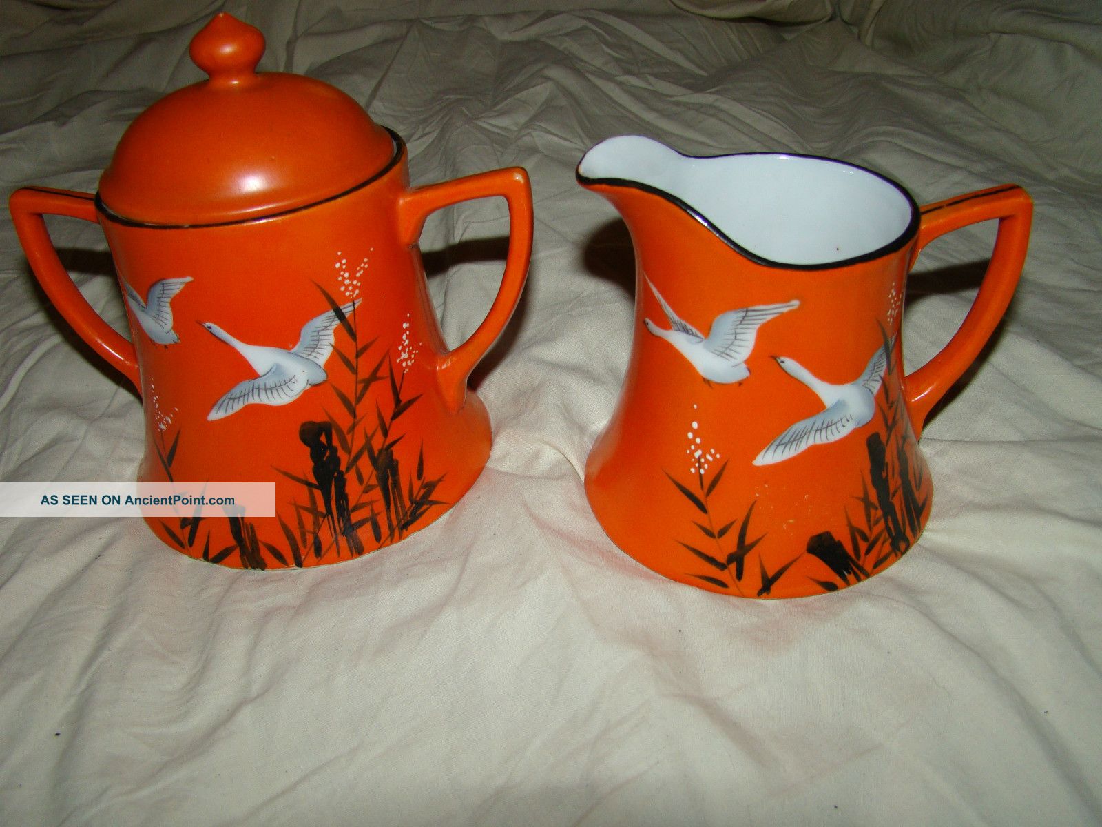 Antique Gorgeous Hand Painted Japan Covered Sugar Bowl & Creamer Ducks In Flight Creamers & Sugar Bowls photo