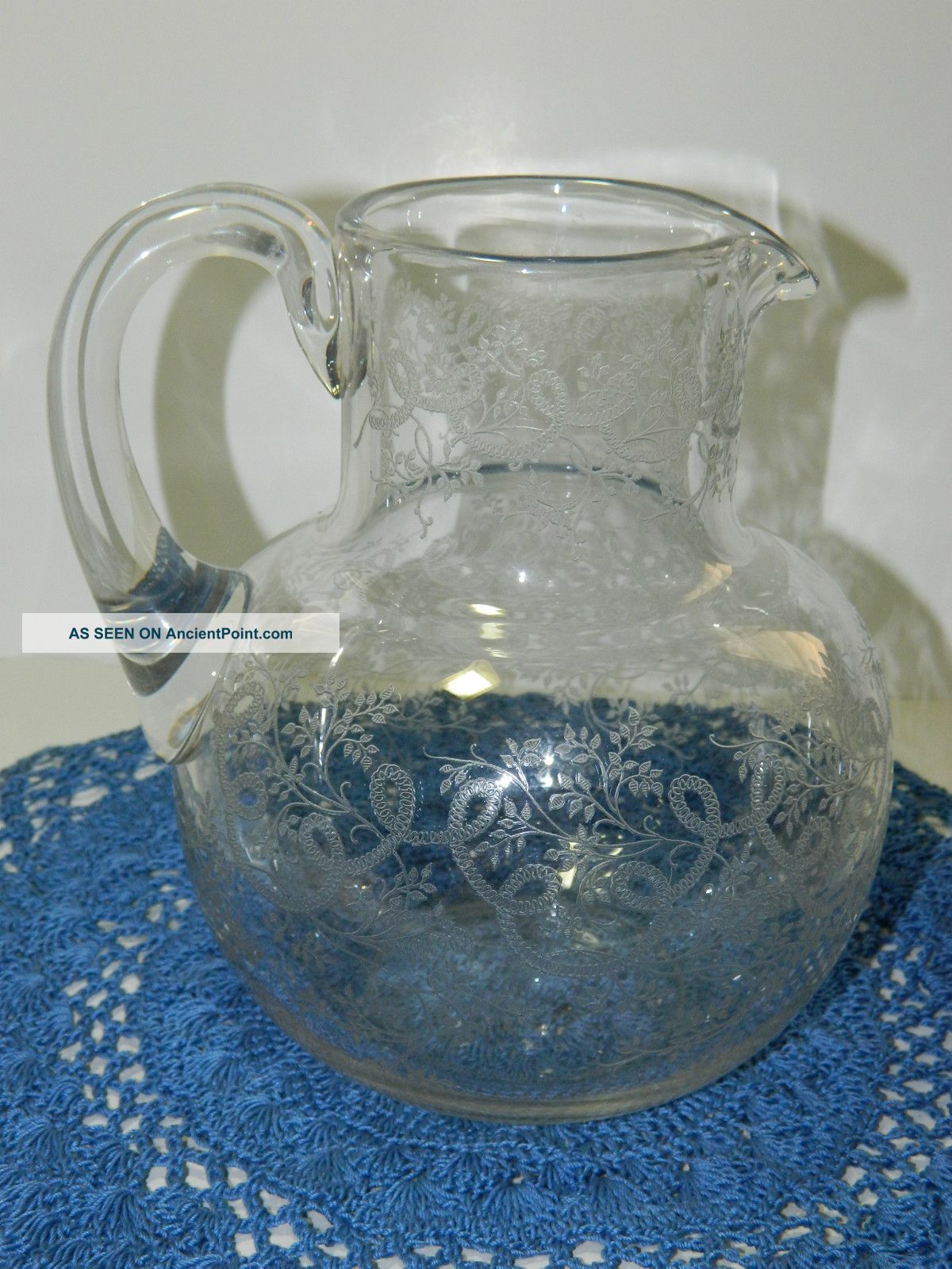 Antique Fire Polished Crystal Pitcher,  Acid Etched Design No Damage Pitchers photo