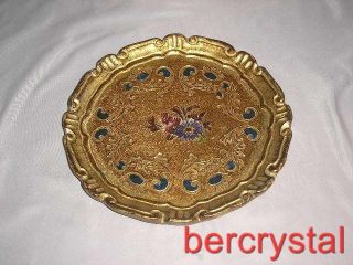 Vtg.  Gold Gilt Small Plate Tray Florence Italy Flowers Dark Blue Accents 7 3/4 