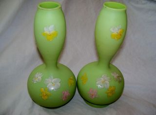 2 Antique Jadite Green Satin Glass Double Gourd Vase Enamel Decoration No Damage photo