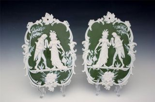 Pr C1900 German Shaped Jasperware Porcelain Plaques Of A Romantic Couple Nores photo