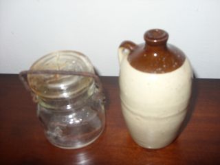 Antique 1893 Mason Jar With Lid & Wire Bail And Mini Crock Jug photo