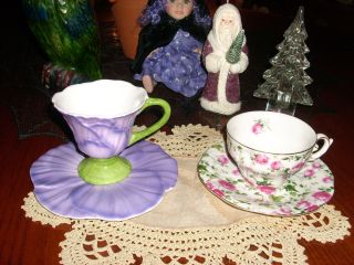 2 Sets Cups & Saucers Flower Shape & Rose Set photo
