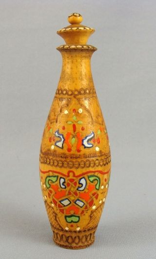 Antique Macedonian Ethnic Folk Art Wood Treen Pyrography Painted Bottle Stopper photo