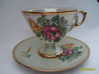 Vintage Opalescent August Poppy ' S Porcelain Pedestal Cup & Saucer Yellow & Pink photo