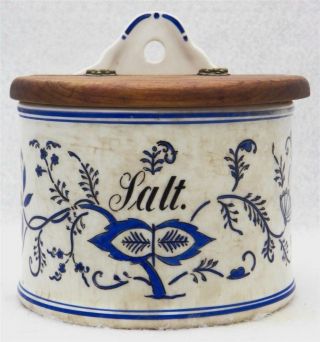 Antique Wall Hanging Blue & White Hand Painted Salt Box W Wood Lid German? photo