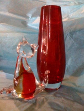 Handblown Glass Vase And Kitty Set - 2 Piece Set - Red & Mocha Accents photo