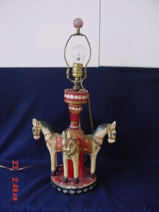Early 1900 Antique Hand Carved Hand Painted Carousel Childrens Desk Dresser Lamp photo