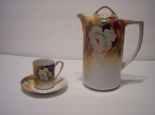 Vintage 1920s Noritake Chocolate Coffee Tea Pot Cup & Saucer Handpainted Roses photo