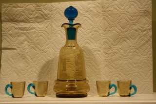 Very Rare Yellow / Blue Victorian Wine Decanter With 4 Cordial Cups / Mugs photo