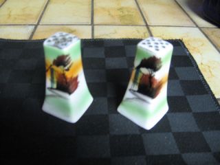 Hand Painted Scenic Windmill,  Tree,  Green/white Salt & Pepper Shakers 2 1/2 