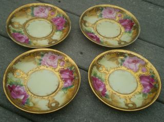 4 Ornate Victorian Roses & Gold Moriage Trim Saucers Hand Painted Vintage Old photo