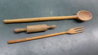 3 Pc.  Primitive Treenware,  Hand Carved Fork & Spoon And A 1 Pc.  Mini Rolling Pin photo