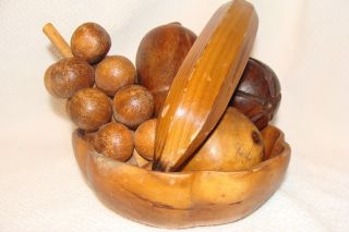 Mid Century Fruit Bowl With 6 Pieces Wooden Fruit Retro Kitchen Or Livingroom photo