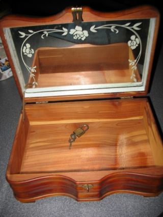 Vintage Carved Cedar Wood Dresser Trinket Jewelry Bible Box W/ Floral Scene photo