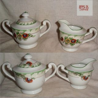 3pc 60yr Occupied Japan Matched Floral Creamer & Sugar Bowl With Lid No Damage photo