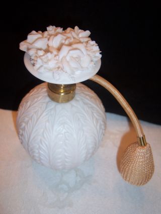 Gorgeous Vintage Carved Flower White Milk Glass Perfume Bottle photo