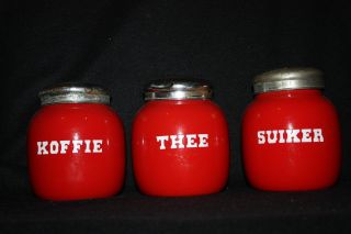 Antique Dutch Enamelware Canisters Jars Enamel Red Auth Rare 1900 photo