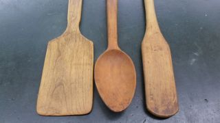 3 Pc.  Primitive Hand Carved Treenware,  Paddle,  Spatula & Spoon All For 1 Money photo