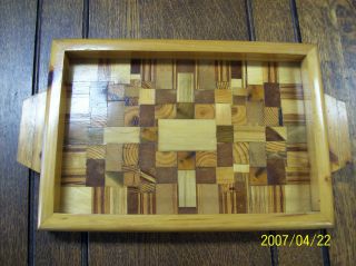 Vintage Hand Made Wooden Tray,  Various Woods,  Collectible,  With Handles, photo