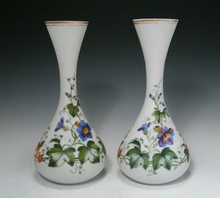 Pair Of Antique 19c Bristol Glass Hand Painted Vases W Flowers photo